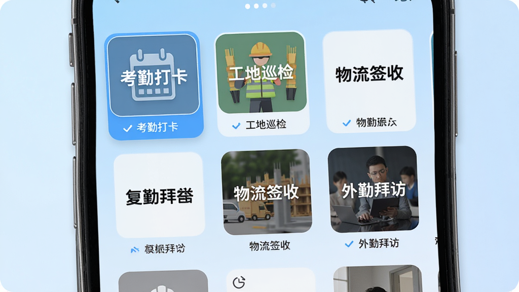 �޸Ĵ�ˮӡ����ೡ��ģ��ѡ����棬�ֻ���Ļ��չʾ����״ģ���б���ÿ��ģ������ͼ���в�ͬˮӡ��ʽ���硰���ڴ򿨡�������Ѳ�족������ǩ�ա������ڰݷá��ȱ�ǩ������Ϊǳ��ɫ���䣬���Ϊ�ִ���ԼUI��ƣ�ϸ��������ģ��ͼ��������ѡ��״̬���������ֱ�ǩ�׶������ʸɾ�����
