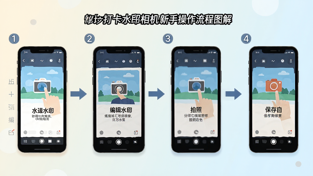 �޸Ĵ�ˮӡ������ֲ�������ͼ�⣬�������ֻ���ĻΪ���壬�ֲ���չʾ�Ӵ��������༭ˮӡ�����յ�������������̣�ÿһ�����м��ͼ��Ͷ�����˵��������Ϊǳɫ���䣬���Ϊ��ƽ���̳̲�ͼ��ϸ�������ֲ��������������ͷָ����ȷ������Ԫ��ֱ�ۣ����ʸɾ����࣬�޶���װ��