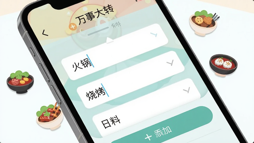 һ�������ֻ���Ļ��д����Ļ����ʾ���´�ת�̵ı༭���棬�ж���ı����������Ӱ�ť���û��������롰��������տ��������ϡ���ѡ�������ɫ���£���Χ��Ư���Ŀ�ͨʳ��ͼ�꣬���Ϊ��ƽ��UI��ƣ������������ɾ�������Ԫ��