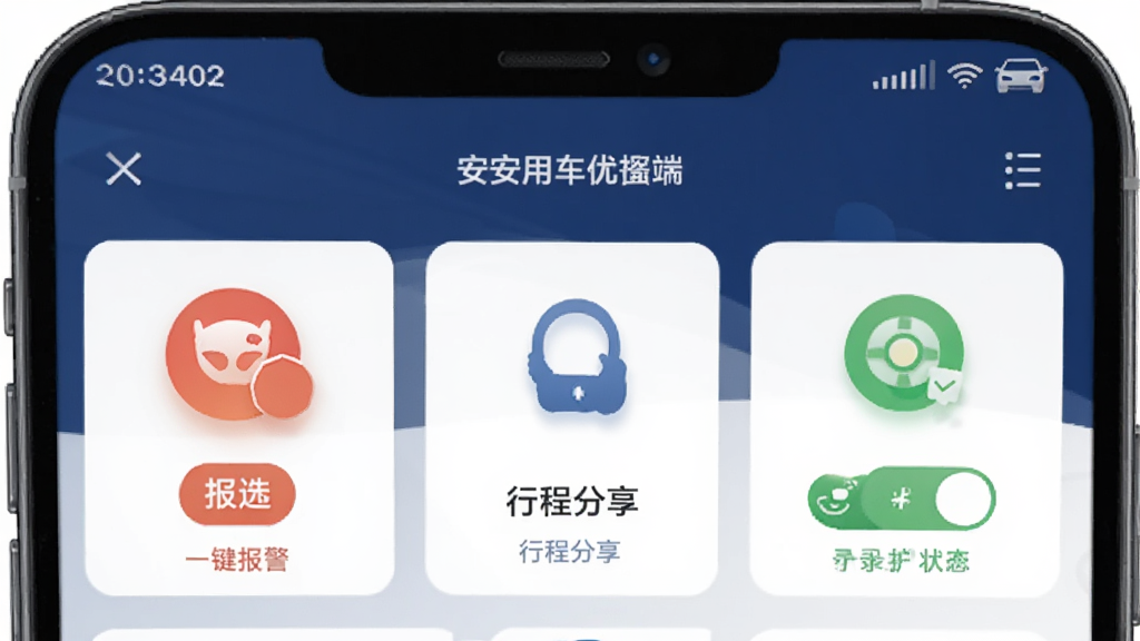 �����ó�����˾����APP��ȫ���Ľ��棬�ֻ���Ļ��ʾһ��������ť���г̷������ء�¼������״̬�ȹ���ģ�顣����������ɫΪ��ɫ����ͼ����Ƽ����Ŀ�����������ذ�ȫ�������������޶���װ��