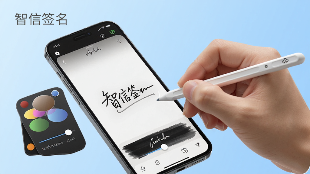 һ��չʾ����ǩ����д���ܲ���������ͼƬ��������һֻ�����Ŵ��ر����ֻ���Ļ����дǩ�����ֻ���Ļ��ʾ��д�켣�ͱ�ˢ������壬�Ա�����ɫѡ�����ʹ�ϸ���飬����Ϊ����ɫ���䣬����ִ��Ƽ��У�ϸ�����������ʸɾ��������пɳ��֡�����ǩ�������ֱ�ʶ���޶���Ԫ�ء�