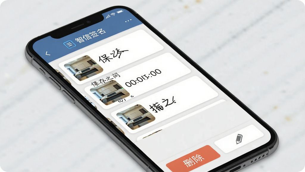 һ��չʾ����ǩ�����ش洢���������ͼƬ���������ֻ���Ļ��ʾǩ���б�ҳ�棬ÿ��ǩ���Կ�Ƭ��ʽչʾ����ͼ�ͱ���ʱ�䣬�����С�����ǩ�������ֱ�ʶ���ײ���ɾ���ͱ༭��ť������Ϊǳ��ɫ�������ʵ�ã�ϸ�����������ʸɾ����޶���Ԫ�ء�