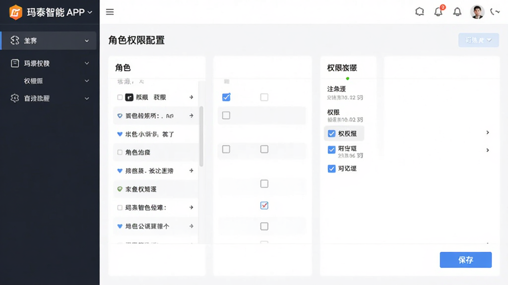 ����Ϊ��̩����APP��ɫȨ�����ý��棬���ֲ������ҷ����Ű棬���Ϊ�ִ�����磬ϸ�ڰ�����ɫ�б���Ȩ�޹�ѡ��ͱ��水ť�������������ɾ����޶���Ԫ��