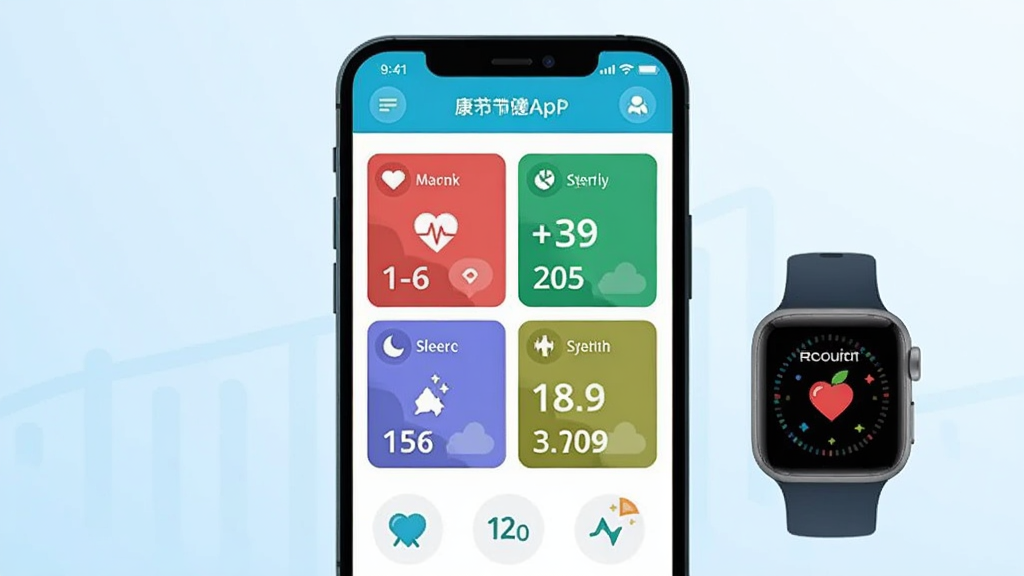 ����������һ�������ֻ�����Ļ��ʾ�����ؽ���APP����ҳ�Ǳ��̣��������ʡ�������˯�ߵ����ݿ�Ƭ���ֻ��Ա߷���һ�������ֱ��������Ǹɾ���ǳ��ɫ���䣬���岼�ֲ��þ��жԳƹ�ͼ�����Ϊ�ִ��Ƽ��б�ƽ�廭��ϸ����ͻ�����ݿ��ӻ�ͼ���ͽ���ͼ�꣬�����������ɾ����޶���Ԫ��