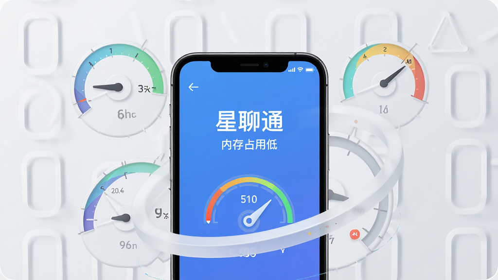 一张展示手机资源占用情况的抽象示意图,画面中有一部手机和环绕的仪表盘元素,显示“星聊通”运行流畅、内存占用低,背景为浅灰色极简风格,布局干净,细节清晰,画质高清,无多余元素