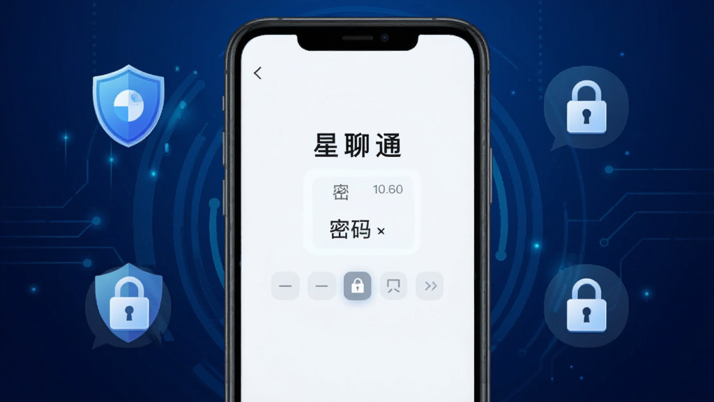 一张手机安全锁界面示意图,屏幕中央显示“星聊通”应用锁密码输入框,周围有盾牌和锁形图标,背景为深蓝色科技感渐变,排版简洁,风格现代,细节清晰,画质干净,无多余装饰