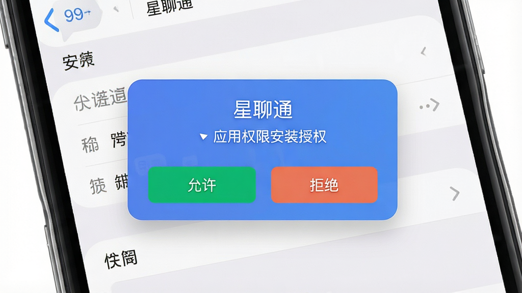 一张手机应用安装权限设置界面示意图,画面中显示“星聊通”安装授权弹窗,有允许和拒绝按钮,背景为浅色手机设置页面,排版清晰,风格写实,细节完整,画质干净,无多余元素