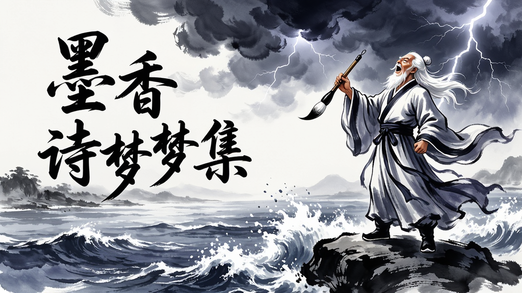 一幅描绘古代诗人创作场景的AI绘画,主体为一位白发苍苍的诗人站在江边巨石上,手持毛笔仰天长啸,身后是翻滚的乌云与波涛汹涌的江水,布局采用三分法构图,诗人位于画面右侧三分之一处,左侧留白处用行书题写“墨香诗梦集”五个大字,风格为豪放派水墨大写意,细节包括诗人衣袂的飘动、毛笔的笔锋、江水的浪花飞溅、天空的闪电,画质为4K超高清,画面干净大气,无多余元素,色彩以墨色、靛蓝、闪电的亮白为主