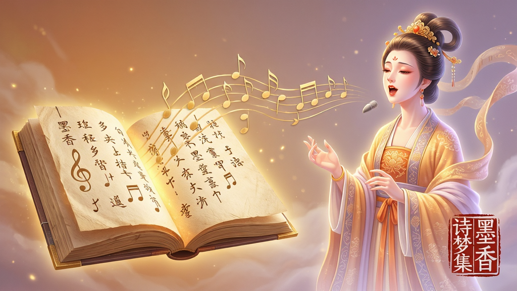 一幅展示声音与文字结合的AI概念图,主体为一本打开的发光古籍,书页上的文字化为金色的音符飘向空中,汇聚成一个半透明的古代仕女形象正在吟唱,布局采用左右对称,左侧为书籍右侧为仕女,排版上“墨香诗梦集”字样以篆刻印章的形式出现在画面右下角,风格为唯美古风插画,细节包括书页的纤维纹理、音符的流动轨迹、仕女的面部表情与服饰纹样,画质为4K超高清,画面干净梦幻,无多余杂物,色彩以金色、暖橙、淡紫为主