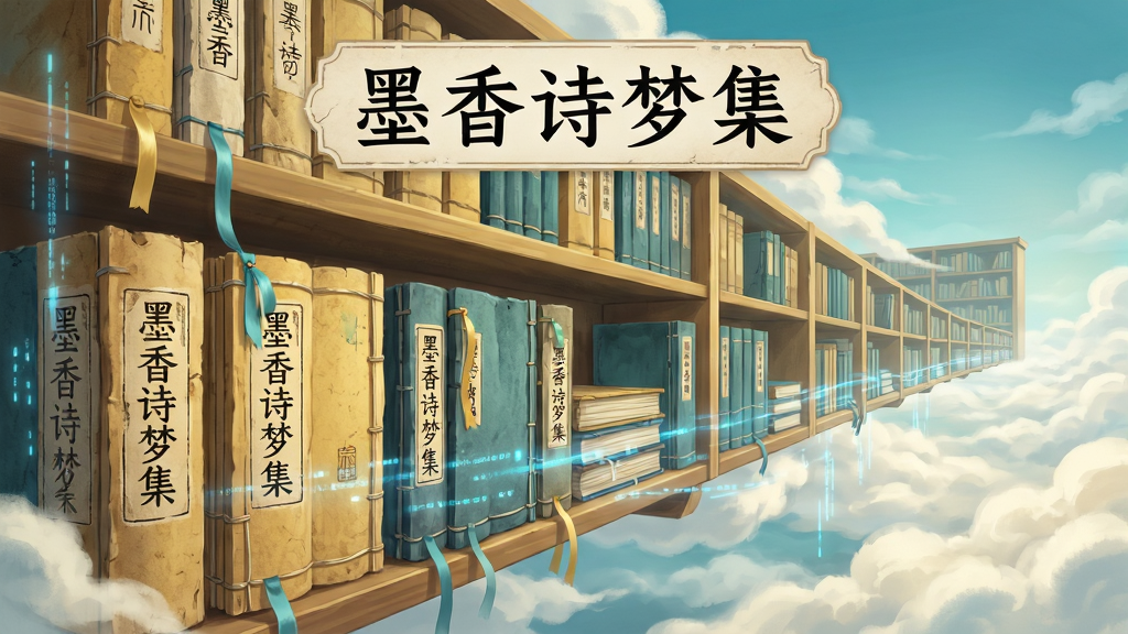一幅展示数字图书馆或书架概念的AI插画,主体为一个漂浮在云端的巨大古典书架,书架上整齐排列着线装古籍,书籍封面用篆体写着“墨香诗梦集”字样,布局采用纵深感透视,从近处的书籍延伸至远处的云端书架,排版上书名位于画面正上方中央,风格为奇幻写实与水墨元素结合,细节包括书籍的纸张纹理、书签的丝带、周围环绕的淡蓝色数据流光影,画质为8K超高清,画面干净通透,无多余杂物,色彩以暖黄、青蓝、米白为主