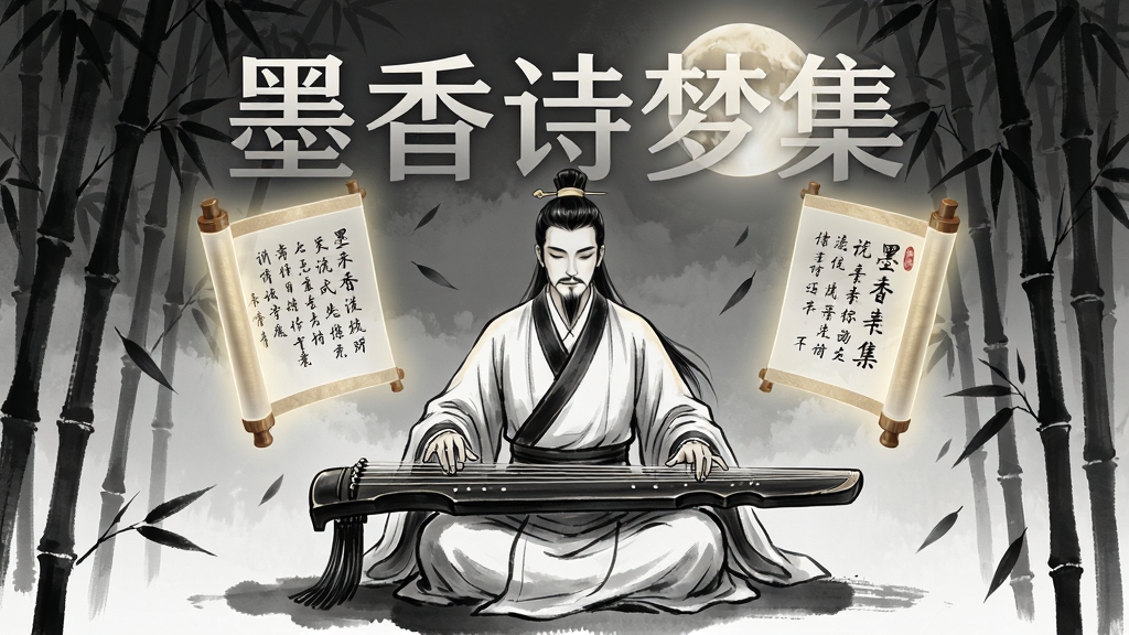 一幅宁静的水墨风格数字插画,主体为一位身着古装的文人雅士在月光下于竹林中抚琴,身旁悬浮着半透明的发光卷轴,卷轴上隐约可见毛笔书写的诗词文字,布局采用中心对称构图,上方留出空间放置半透明的软件名称“墨香诗梦集”,排版上文字与图像相互交融,风格为中国传统水墨画与现代UI设计结合,细节上包含飘落的竹叶、古琴的琴弦纹理、卷轴的木轴质感,画质为4K超高清,画面干净无多余杂乱元素,色彩以墨黑、淡金、月白为主,整体氛围宁静悠远