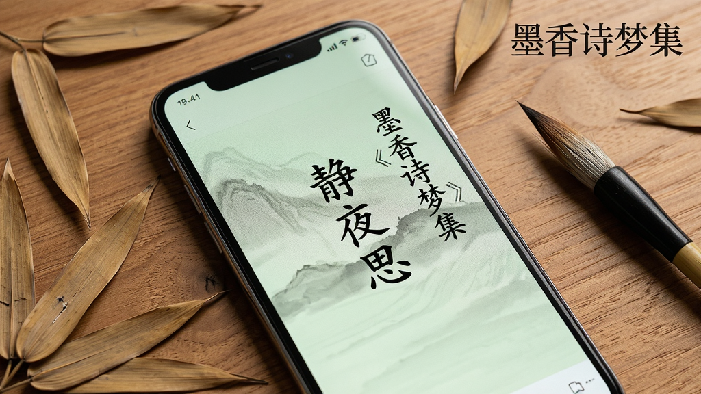一幅展示手机屏幕与古典诗词结合的AI合成图,主体为一部现代智能手机竖屏放置在木质桌面上,屏幕中显示着“墨香诗梦集”的阅读界面,界面内有一首竖排的《静夜思》诗句,布局采用微距特写视角,手机周围散落着几片干枯的竹叶与一支毛笔,排版上软件名称以水印形式出现在屏幕右上角,风格为现代科技与古典元素融合的静物摄影风格,细节包括手机屏幕的像素点、木桌的纹理、竹叶的脉络、毛笔的笔毫,画质为4K超高清,画面干净整洁,无多余杂物,色彩以暖木色、墨黑、淡绿为主