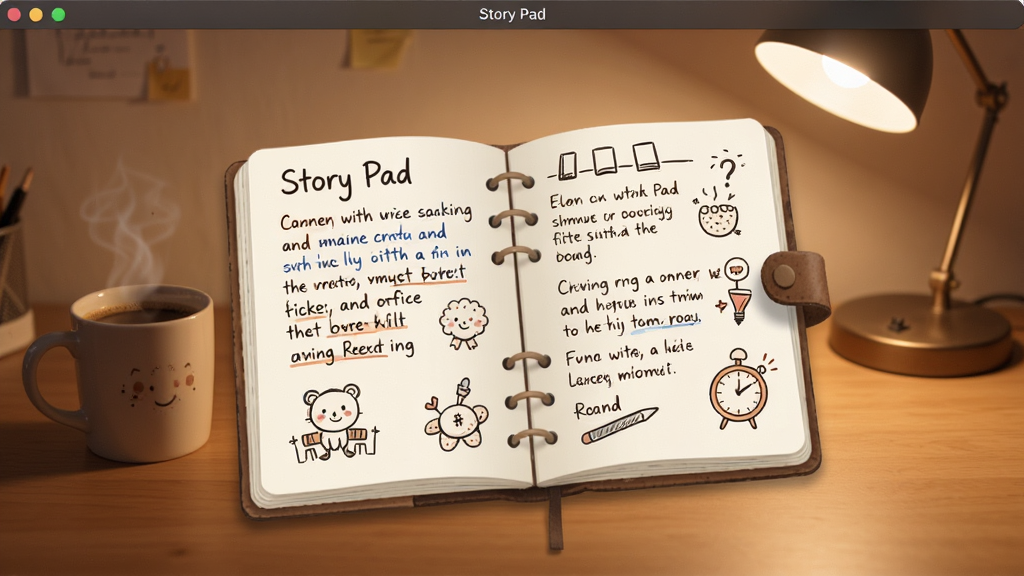 Story Pad ����������չʾ������������һ���򿪵�����ʼǱ���ҳ��������д�������ֺͼ򵥵�Ϳѻ��ͼ����������ů�������������Ա߷���һ�����Ⱥ�һյ̨�ƣ���������ܰ�����������������ɾ����޶���Ԫ��