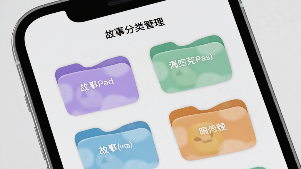 Story Pad ���·���������棬����չʾ�ֻ���Ļ�������Ŷ����ɫ�ļ���ͼ�꣬ÿ���ļ����ϱ�ע�Ų�ͬ�Ĺ���������֣����沼�����룬������Բ�󣬱���Ϊǳ��ɫ�������������ɾ����޶���Ԫ��
