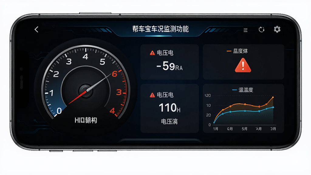 �ﳵ��������⹦�ܽ��棬�ֻ���Ļ��ʾ������ת�ٱ�����ѹ�������¶�����ͼ������Ϊ��ɫ�Ƽ����ϸ�ڰ��������Ǳ�����Ԥ��ͼ�꣬�����������ɾ����޶���Ԫ��
