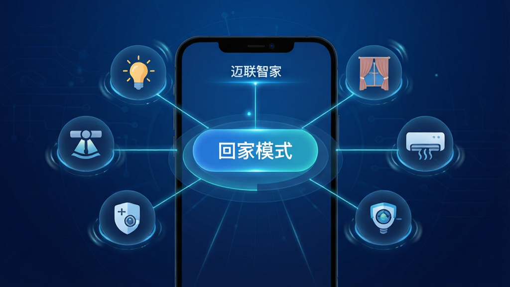 ����չʾ�������Ǽҡ��������ý��棬�ֻ���Ļ������һ����Ŀ�ġ��ؼ�ģʽ����ť����Χ�����ŵƹ⡢�������յ����������豸ͼ�꣬ͼ��֮���÷����������ӡ�����Ϊ����ɫ�Ƽ��н��䣬���ֲ��÷���״��ͼ�����Ϊ��ƽ���Ƽ��磬ϸ���з���Ч����΢��Ч��ʾ�����ʸ��壬�ɾ����޶���Ԫ�ء�