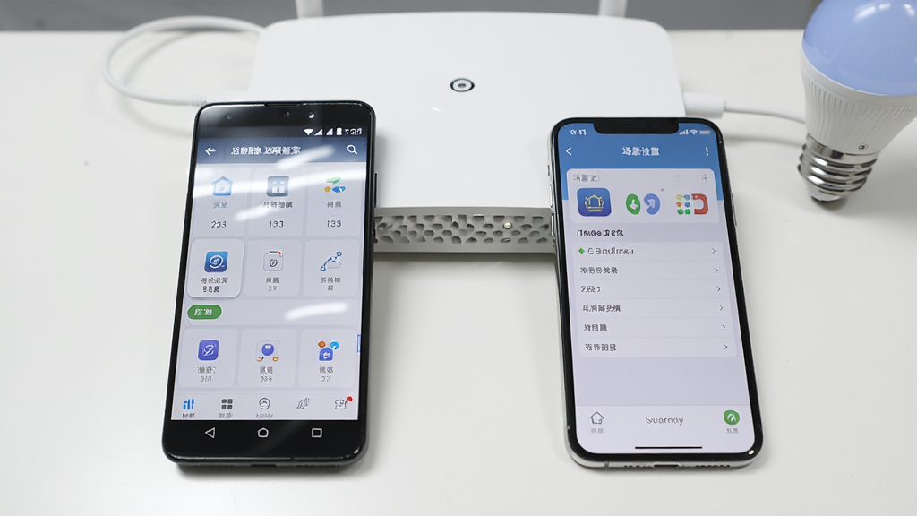 һ����׿�ֻ���һ��iPhone���ŷ��������ϣ������ֻ���Ļ����ʾ�������Ǽҡ�Ӧ�õĲ�ͬ���棬��׿�ֻ���ʾ�豸�б���iPhone��ʾ�������á������Ǽ��İ�ɫ���棬�Ա���·���������ܵ��ݡ�����Ϊ���ҶԱȹ�ͼ�����Ϊ��Ʒչʾ�磬ϸ������Ļ�����ͼ��ϸ�ڡ����ʸ��壬�ɾ����޶���Ԫ�ء�
