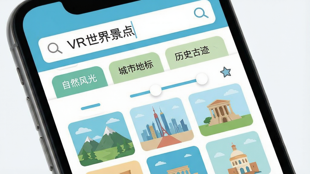VR���羰�����ܷ������������ܽ��棬����չʾ�ֻ���Ļ�ϵķ����ǩ���������򣬷����ǩ��������Ȼ��⡱�����еرꡱ����ʷ�ż����ȣ�����Ϊ�������������·�������࣬���Ϊ���±�ƽ����ϸ�ڰ����Ŵ�ͼ�ꡢɸѡ���顢�ղ��Ǳ꣬����Ϊ���塢�ɾ��޶���Ԫ�أ����ֱ�ע��VR���羰�㡱����������