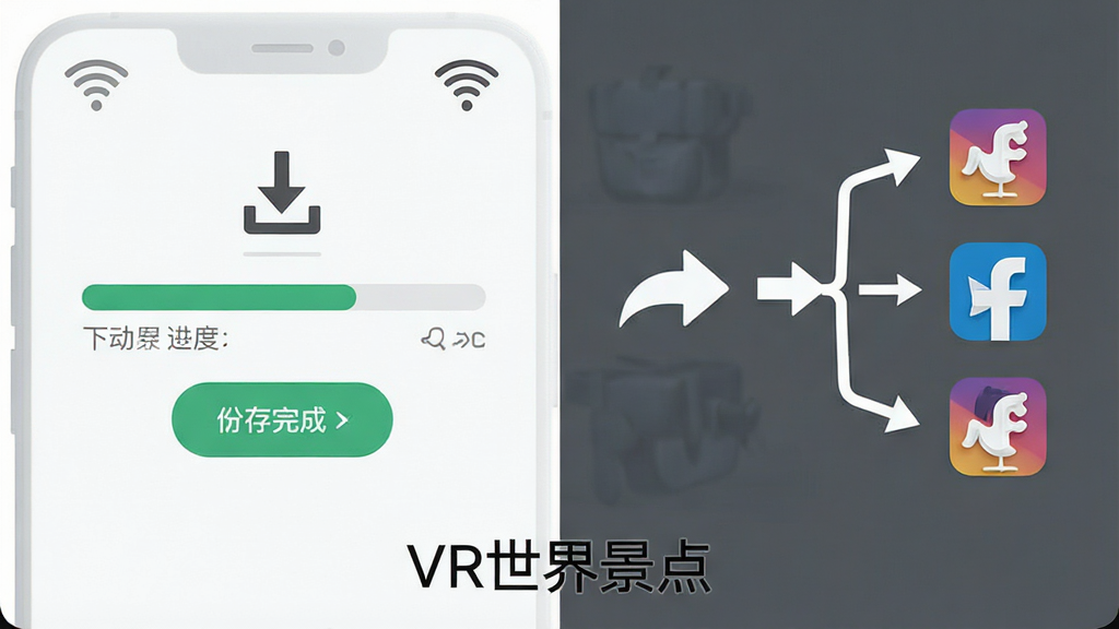 VR���羰�����߻������������ʾ��ͼ���������Ϊ�ֻ����ؽ������뻺�����ͼ�꣬�Ҳ�Ϊ������ͷָ���罻ƽ̨ͼ�꣬����Ϊ���ҷ���ʽ�����Ϊ��๦�ܷ磬ϸ�ڰ���WiFi�ź�ͼ�ꡢ���ؼ�ͷ��������ť������ͷ�񣬻���Ϊ���塢�ɾ��޶���Ԫ�أ����ֱ�ע��VR���羰�㡱�ڵײ�����