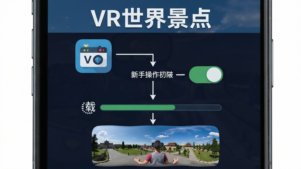 VR���羰�����ֲ���ָ��ͼ������Ϊ�ֻ���Ļ��ͼ���չʾ�Ӱ�װ��������ĸ���������ͼ������Ϊ���ϵ����������У����Ϊ��ƽ���̷̳磬ϸ�ڰ�����װͼ�ꡢȨ�޿��ء����ؽ�������ȫ�����棬����Ϊ���塢�ɾ��޶���Ԫ�أ����ֱ�ע��VR���羰�㡱�ڶ���