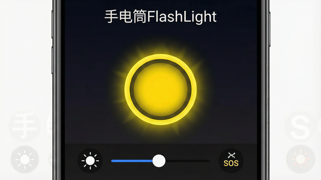 һ��չʾ�ֵ�ͲFlashLight����������ֻ���Ļ��ͼ������������һ����Ŀ��Բ�ο��ذ�ť����ť���������Ļ�ɫ����Ч��������Ϊ��ɫ���䣬������ʾ��������