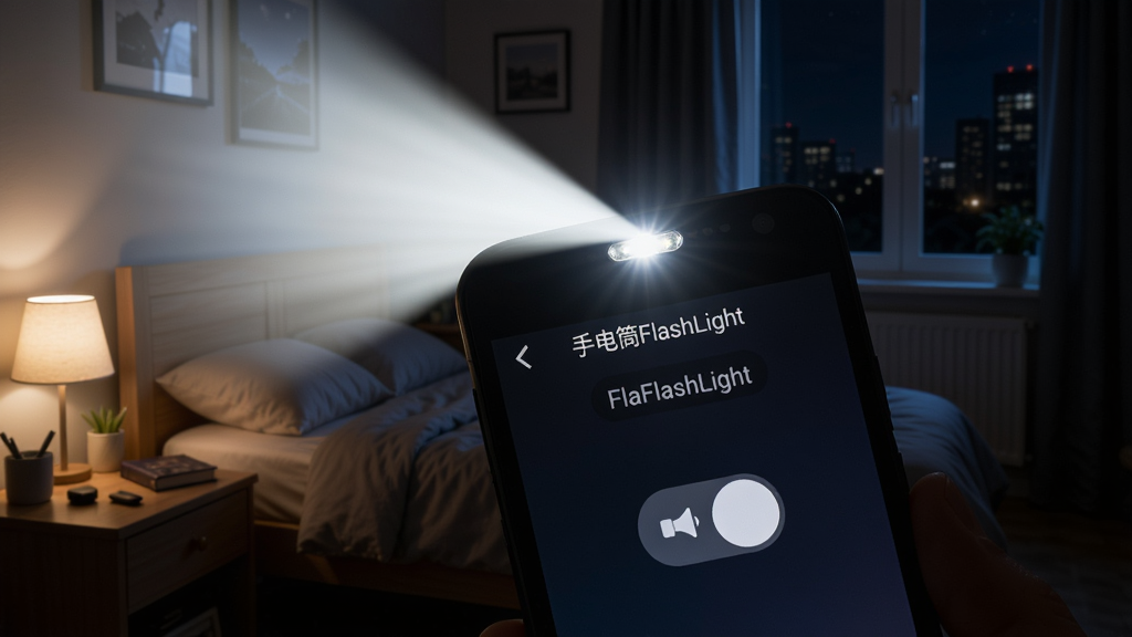 һ����׿�ֻ��ںڰ������б���������Ļ��ʾ�ֵ�ͲFlashLight�Ŀ��ؽ��棬�����İ�ɫ�������ֻ�����LED����������������Χ������������ҹ�������ҳ�����������дʵ��ϸ�ڷḻ�����ʸɾ���ͻ��