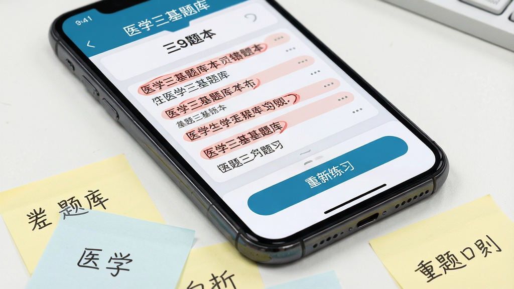 ����Ϊһ���ֻ���д����Ļ��ʾҽѧ�������Ĵ��Ȿҳ�棬��ɫ��ǵĴ����б��͡�������ϰ����ť�����ɼ����ֻ��·�ɢ�伸��д��ҽѧ���ʵı�����������Ϊ�ֻ�ռ������Ҫλ�ã����Ϊѧϰ�������⣬ϸ�ڰ�����Ļ�С�ҽѧ������⡱�ʹ���������ʾ�����ʸ��壬�ɾ��޶���Ԫ��