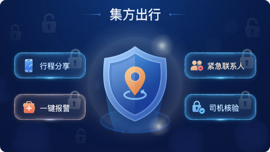 ����չʾ���������С�APP�İ�ȫ����ҳ�棬ҳ��������һ������ͼ�꣬�������Ƕ�λ��ǣ���Χ�ֲ����г̷�����������ϵ�ˡ�һ��������˾�������ĸ����ܰ�ť������Ϊ����ɫ���䣬����Ϊ���½ṹ���Ű����أ����Ϊ��ȫ�Ƽ���廭��ϸ�ڰ�������߿�����ͼ������͵ı������Σ����ʸ��壬�ɾ����޶���Ԫ��