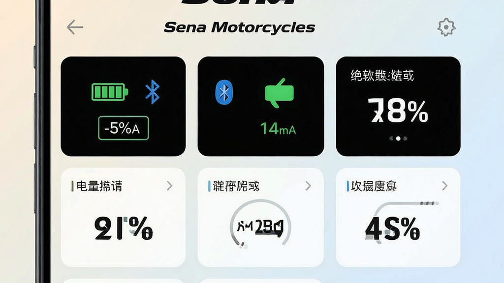 һ��չʾ Sena Motorcycles Ӧ�������������Ǳ��̽����ͼƬ������Ϊ�ֻ���Ļ��ʾ����������״̬���Խ�ģʽ�����ݿ�Ƭ������Ϊ����״���У�����Ϊǳɫ���䣬�Ű����������Ϊ��Լ���ݿ��ӻ��磬ϸ�ڰ������ͼ�ꡢ����ͼ�ꡢ�Խ�ͼ�ꡢ���ְٷֱȣ����ʸ��壬�ɾ����޶���Ԫ�أ���Ļ�Ͽɼ����֡�Sena Motorcycles��