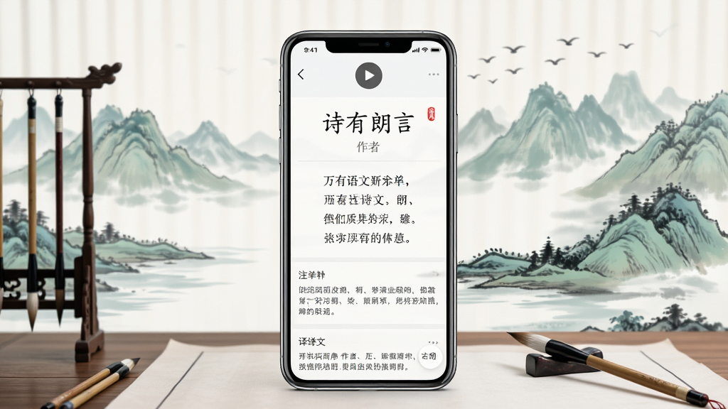 һ��չ����������APP��ʫ��ѧϰ����ĳ���ͼ����������Ϊ�ֻ���Ļ����Ļ����ʾһ�׹�ʫ������ҳ������ʫ�⡢���ߡ����ġ�ע�ͺ�����������Ļ�Ϸ����ʶ����Ű�ť������Ϊ�й���ˮīɽˮ�����Զ������ɽ�ͷ��񣬽������鰸��ë�ʣ����岼�����£����Ϊ��ͳ�Ļ�������APP����ͼ��ϸ���������Ű湤�������ʸ��壬����ɾ����޶���Ԫ��