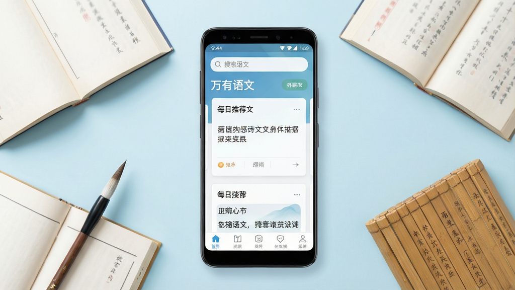 һ��չʾ��������APP���Ľ�����ֻ�����ͼ������������һ��������׿�ֻ�����Ļ�ڳ����������������棬�����������������в�ÿ���Ƽ�ʫ�Ŀ�Ƭ���ײ����ܵ�����������Ϊ��͵������Ϣǳ��ɫ������Χ��׺�򿪵��鱾��ë�ʡ�����ѧϰԪ�أ����岼�����࣬���Ϊ���½�����APP����ͼ��ϸ������Ļ���������ɱ棬���ʸ��壬����ɾ����޶���Ԫ��