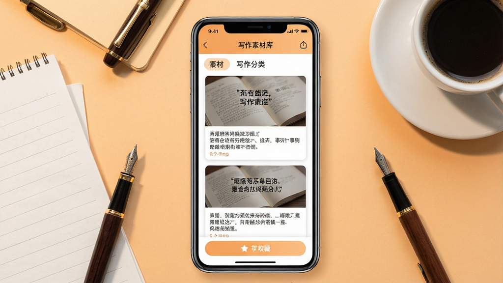 һ��չʾ��������APPд���زĿ������ֻ���ͼ���ͼ����������Ϊ�ֻ���Ļ����Ļ����ʾ�زķ����б����زĿ�Ƭ����Ƭ�������Ժ�����ժҪ����Ļ�ײ����ղذ�ť������Ϊ��ů��ǳ��ɫ������Χɢ���Ÿֱʡ���ֽ�Ϳ��ȱ������岼����ܰ�����Ϊд��������APP����ͼ��ϸ���Ͽ�Ƭ�������������ʸ��壬����ɾ����޶���Ԫ��