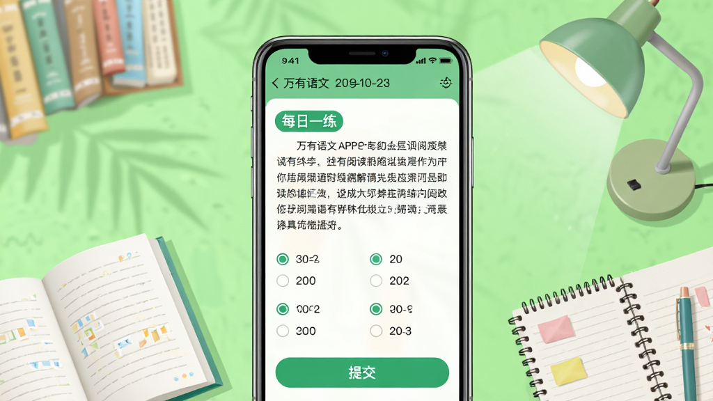һ��չʾ��������APP�Ķ�������ϰ�����ʾ��ͼ����������Ϊ�ֻ���Ļ����Ļ�ڳ���һƪ�����Ķ�ҳ�棬�·���ѡ����ѡ����ύ��ť����Ļ������ʾÿ��һ����ǩ�����ڣ�����Ϊ������ǳ��ɫ������Χ��׺�鱾��̨�ƺͱʼǱ��ľ�Ԫ�أ�������Ϊѧϰ������APP����չʾͼ��ϸ�����������ʸ��壬����ɾ����޶���Ԫ��