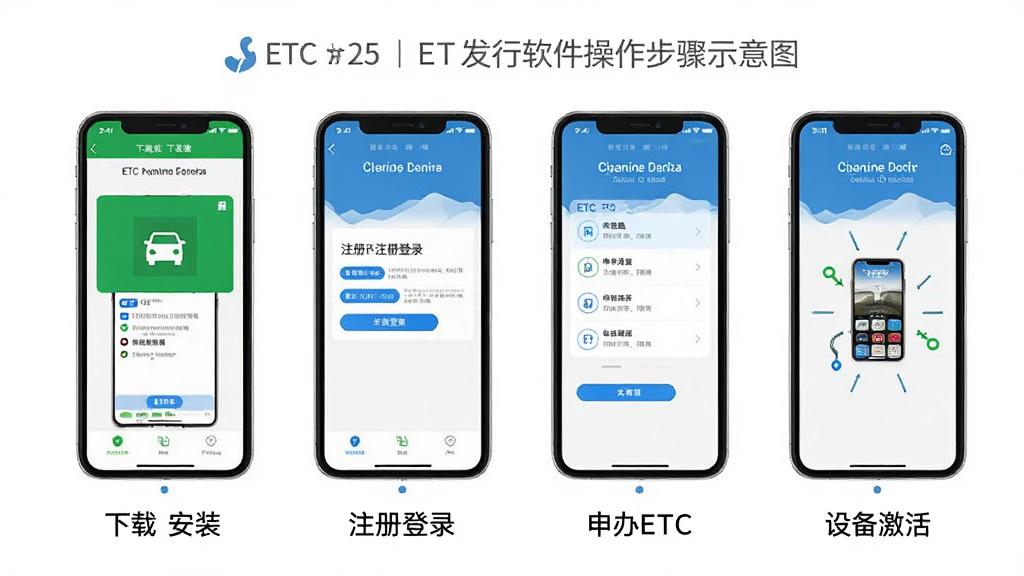 ETC����������������ʾ��ͼ������չʾ�ֻ���Ļ����������Ϊ���ذ�װ��ע���¼�����ETC���豸�����ĸ����棬ÿ�������·��м������˵��������Ϊ��ɫ�������ֱ�ۣ������������ɾ��޶���Ԫ��