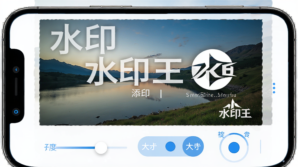 �ֻ���Ļչʾˮӡ������ˮӡ���ܽ��棬����������һ�ŷ羰��Ƭ����Ƭ�ϵ���������ˮӡ��Logoˮӡ���·���͸���Ȼ��顢��С���ڰ�ť����ת�Ƕȿ��ƵȲ�����壬���岼������������ֱ�ۣ�������ɫ��񣬸��廭�ʣ��ɾ��޶���Ԫ��