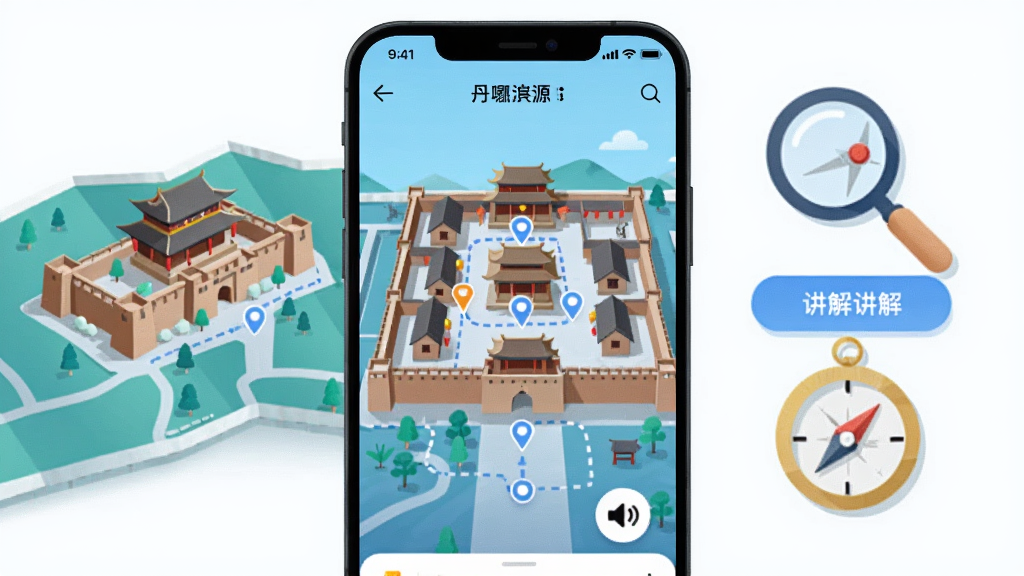 ����չʾ��������Դ��APP�ľ����������棬�ֻ���Ļ����ʾ�������ųǵ���ά��ͼ����ͼ���ж�������Ǻ�·��ָ�����ֻ����зŴ󾵺�ָ����ͼ�ꡣ����Ϊ�ֻ����У�����е�ͼԪ�أ��Ҳ��н��ⰴť�����Ϊ�Ƽ��б�ƽ�廭��ϸ�ڰ����ųǽ���������·�����ߡ���������ͼ�ꡣ���ʸ��壬�ɾ����޶���Ԫ�ء�
