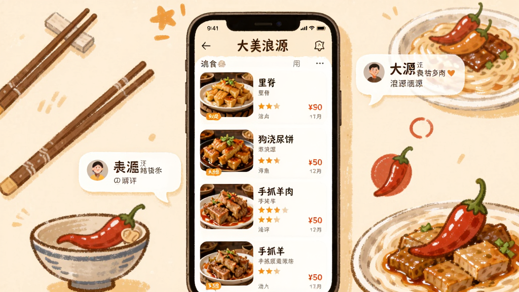 ����չʾ��������Դ��APP����ʳ�Ƽ����棬�ֻ���Ļ����ʾ��Դ��ʳ�б������Ｙ�������������ץ�����ͼƬ�����֡��ֻ���Χ�п��ӡ��������ͼ�ꡣ����Ϊ�ֻ����У���������ʳ�廭�����Ϊ��ů�ֻ�硣ϸ�ڰ���ʳ����д���۸��ǩ���û��������ݡ����ʸ��壬�ɾ����޶���Ԫ�ء�