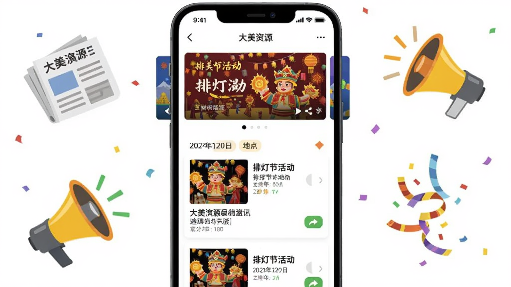 ����չʾ��������Դ��APP����Ѷҳ�棬�ֻ���Ļ����ʾ�ŵƽڻ�����������б��������ں͵ص��ǩ���ֻ���Χ�б�ֽ�����ȺͲʴ�ͼ�ꡣ����Ϊ�ֻ����У��Ϸ����ֲ�ͼ���·�����Ѷ��Ƭ�����Ϊ���ñ�ƽ�廭��ϸ�ڰ������Ƭ���������֡�������ť�����ʸ��壬�ɾ����޶���Ԫ�ء�