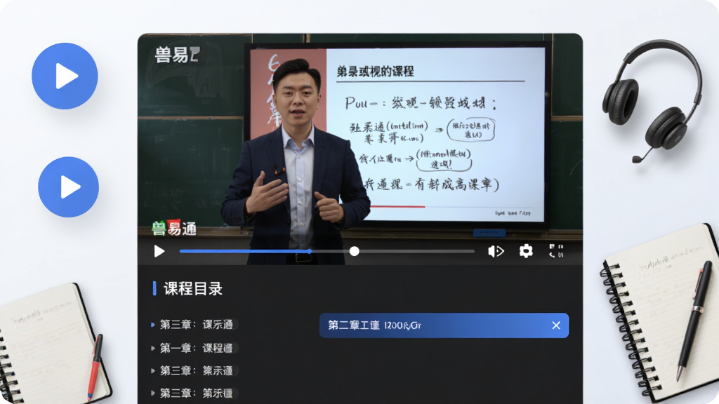 ��������Ϊ����ͨAPP��Ƶ�γ̲��Ž��棬����Ϊ������Ƶ���ڼ��·��γ�Ŀ¼�б�����Ļ����ʾ��ʦ�ڿλ�����PPT���飬��Χ��׺���Ű�ť���������ʼǱ�Ԫ�أ�����ִ����߽����磬ϸ���н����������ٱ�ʶ���½ڸ��������ʸ��塢�ɾ����޶���Ԫ��