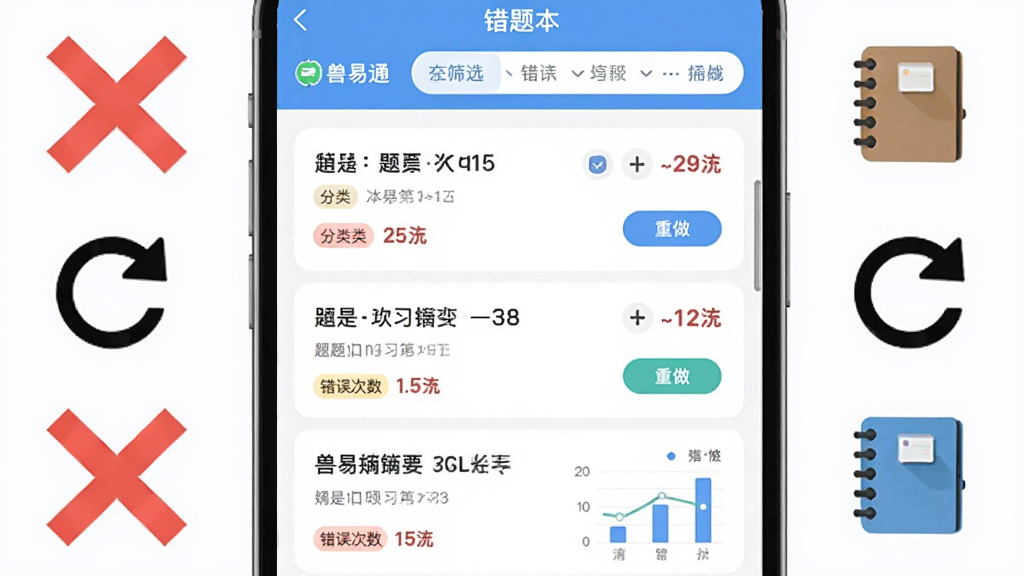 ��������Ϊ����ͨAPP���Ȿ���棬����Ϊ�б�ʽ���⿨Ƭ�Ӷ���ɸѡ������Ƭ����ʾ��ĿժҪ������������Χ���ƺ�ɫ��š�ˢ�¼�ͷ���ʼǱ�ͼ�꣬�������ѧϰ�磬ϸ���з����ǩ��������ť��ͳ��ͼ���������������ɾ����޶���Ԫ��