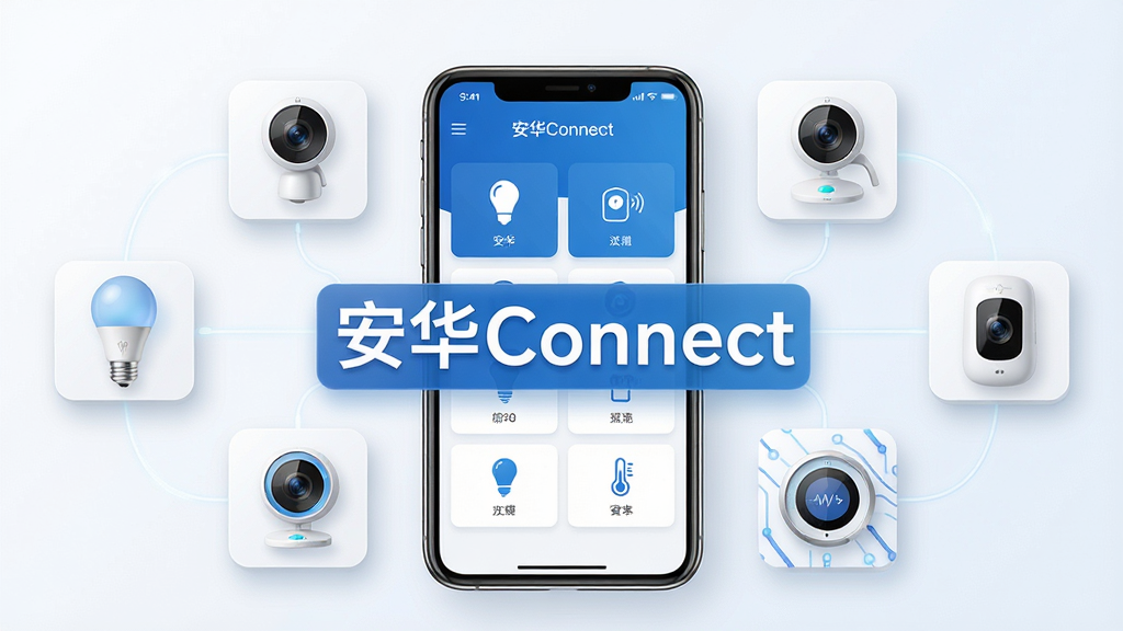 һ��չʾ����Connect��������ĸ���ͼ������������һ�������ֻ�����Ļ����ʾ�����ܼҾ��豸������壬��Χ���������ܵ��ݡ�����ͷ�����������������豸ͼ�꣬���ּ�������������ִ��Ƽ������ɫ���ɫΪ��ɫ����ϸ�ھ��£����ʸ��壬�ɾ��޶���Ԫ�أ�ͼƬ������С�����Connect�����ֱ�ʶ
