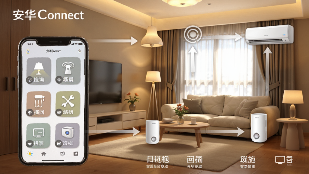 һ��չʾ����Connect�����������ܵ�ʾ��ͼ�����������ܼҾӿ���Ϊ�������ֻ���Ļ��ʾ�������ģʽͼ�꣬��ͷָ��ƹ⡢�������յ����豸�����ֲ�η�����������ܰ�Ҿӷ��ůɫ�����ߣ�ϸ�ڷḻ�����ʸ��壬ͼƬ�д��С�����Connect������