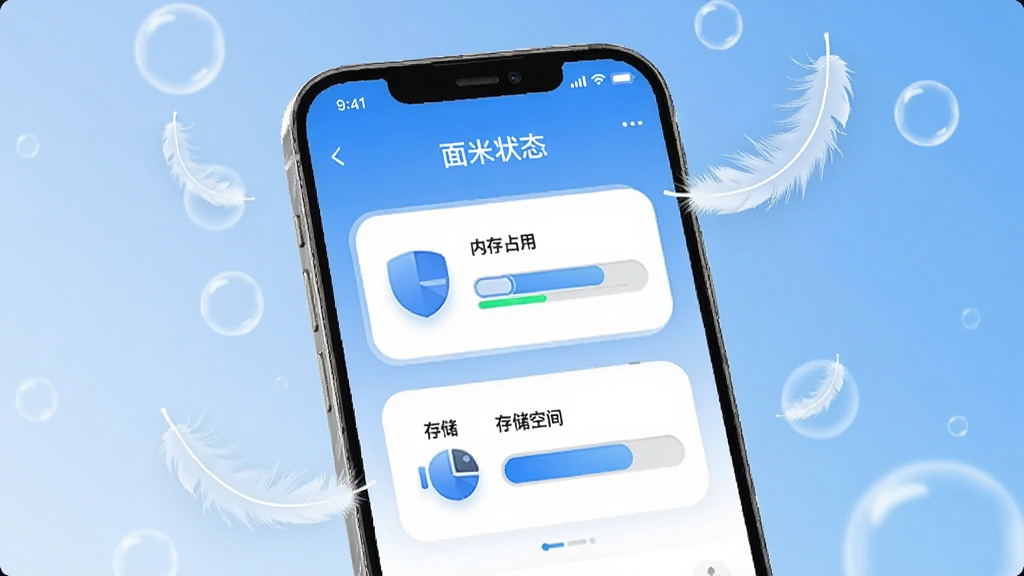 һ���ֻ���Ļ��ʾ����App����״̬���棬���������ڴ�ռ�úʹ洢�ռ��ʾ��ͼ�꣬�ֻ���Χ����ӯ����ë������Ԫ��������������������ˬ��ɫ��������Ϊ�������������ɾ���