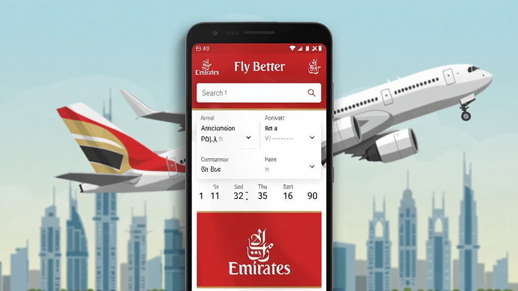 һ���԰���������EmiratesΪ����������ֻ�����ʾ��ͼ������������һ��������׿�ֻ����ֻ���Ļ����ʾ��Emirates�ٷ�Ӧ�õ���ҳ���������������򡢳����������ѡ������ѡ���Լ����������ձ�־�Եĺ�ɫ���ɫƷ��Ԫ�أ��ֻ������ǵϰ�����ߺ�һ��������ɵĿͻ������־��У��Ű��ࣻ���Ϊ�ִ���ƽ��UIչʾ���ϸ�ڰ����ֻ���Ե����Ӱ����Ļ�����������֡�Emirates���롰Fly Better������������Ϊ����4K������ɾ����޶���Ԫ�ء�