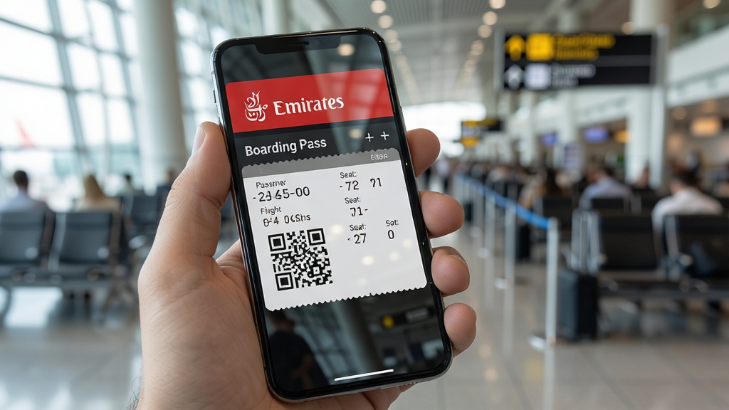 һ��չʾ����������Emirates���ӵǻ��Ƶ��ֻ�����ͼ��������һֻ�������ֻ����ֻ���Ļ��ʾ���ж�ά��ĵǻ��ƣ��Ϸ��С�Emirates����־�ͳ˿�����������š���λ�ŵ���Ϣ������Ϊ�ֳ��ֻ���д�������ǻ�������������黯���������Ϊдʵ��Ӱ���ϸ�ڰ����ֻ���Ļ�ķ��⡢�ǻ��������������֡�Boarding Pass�������ʸ��壬����ɾ����޶���Ԫ�ء�