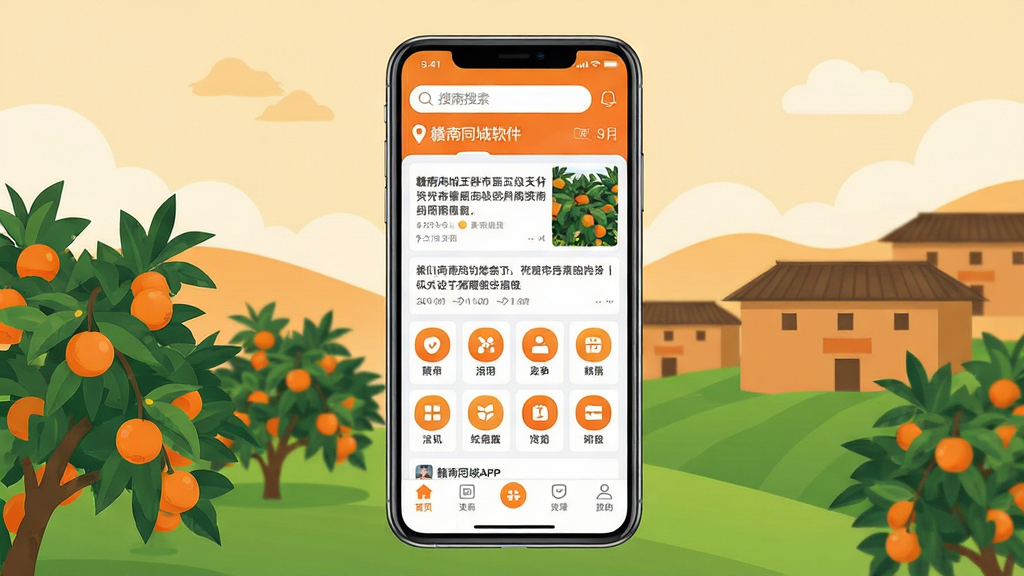 ����ͬ������������ȫòչʾ����������Ϊ�ֻ���Ļ����Ļ�ڳ��ָ���ͬ��APP����ҳ���֣�����������������ж�λ��ʶ���в�Ϊ��Ѷ��Ϣ���빦��ͼ�����񣬵ײ�Ϊ�����˵���������Ϊ���ϵ�����־�Ե���ȹ�԰��Χ�ݽ�����Ӱ������ɫ����ů�������Գ�ɫ����ɫΪ�������Ϊ�ִ���ƽ��UI��ƣ�ϸ�����������ʸɾ����޶���Ԫ�ء�