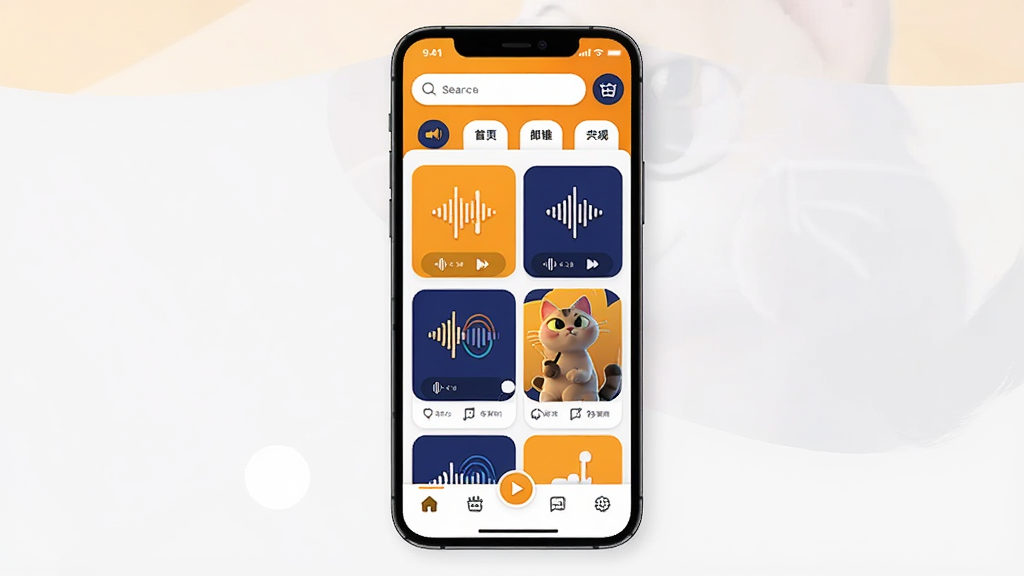 һ��չʾèͷ�������������ͼƬ�������������ֻ���Ļ����Ļ�ڳ���èͷ��APP����ҳ���֣��������������ͷ����ǩ���м��Ǹ���������Ƭ����Чͼ�꣬�ײ��ǵ�������������������죬ɫ���ԳȻƺ�����Ϊ���������ɾ��������������޶���Ԫ��