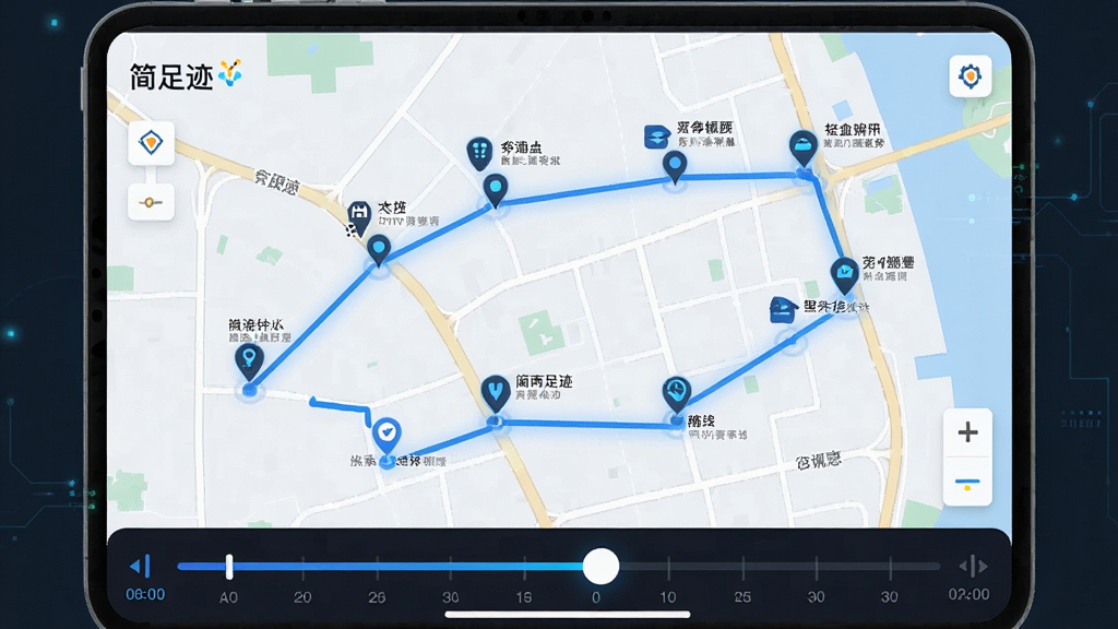һ�ŵ�ͼ�켣չʾ����ͼ����������ʾ���㼣App�ĵ�ͼҳ�棬��ͼ������ɫ�������Ӷ����λ�㣬ÿ����λ������Сͼ���ע�ص����ƣ��ײ���ʱ���Ử��������������ˬ�Ƽ��У��Ű����������ʸɾ������ֱ�ע�����㼣��