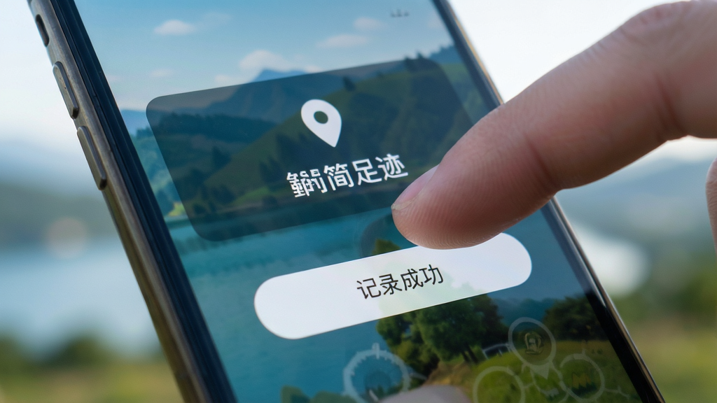һ���ֻ���Ļ��д����ʾ���㼣App�ļ�¼��ť����ָ�����˲�䣬��Ļ���ж�λͼ��͡���¼�ɹ�������ʾ������Ϊ����羰�黯�����дʵ���£������࣬���ʸ��壬���ֱ�ע�����㼣��