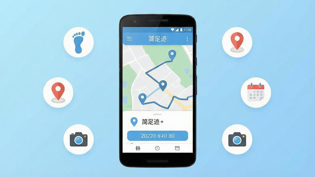 һ�ż�����µ��ֻ�Ӧ�ý���չʾͼ������������һ����׿�ֻ�����Ļ��ʾ���㼣App�����棬���������ͼ�켣�������ص��ͼ�������ʱ���ǩ������Ϊǳ��ɫ���䣬��Χ����Сͼ�����ӡ����λ�롢������������������ƽ����ƣ��Ű���жԳƣ�ϸ�ڸɾ����䣬�����������޶���Ԫ�أ����������ֱ�ע�����㼣��